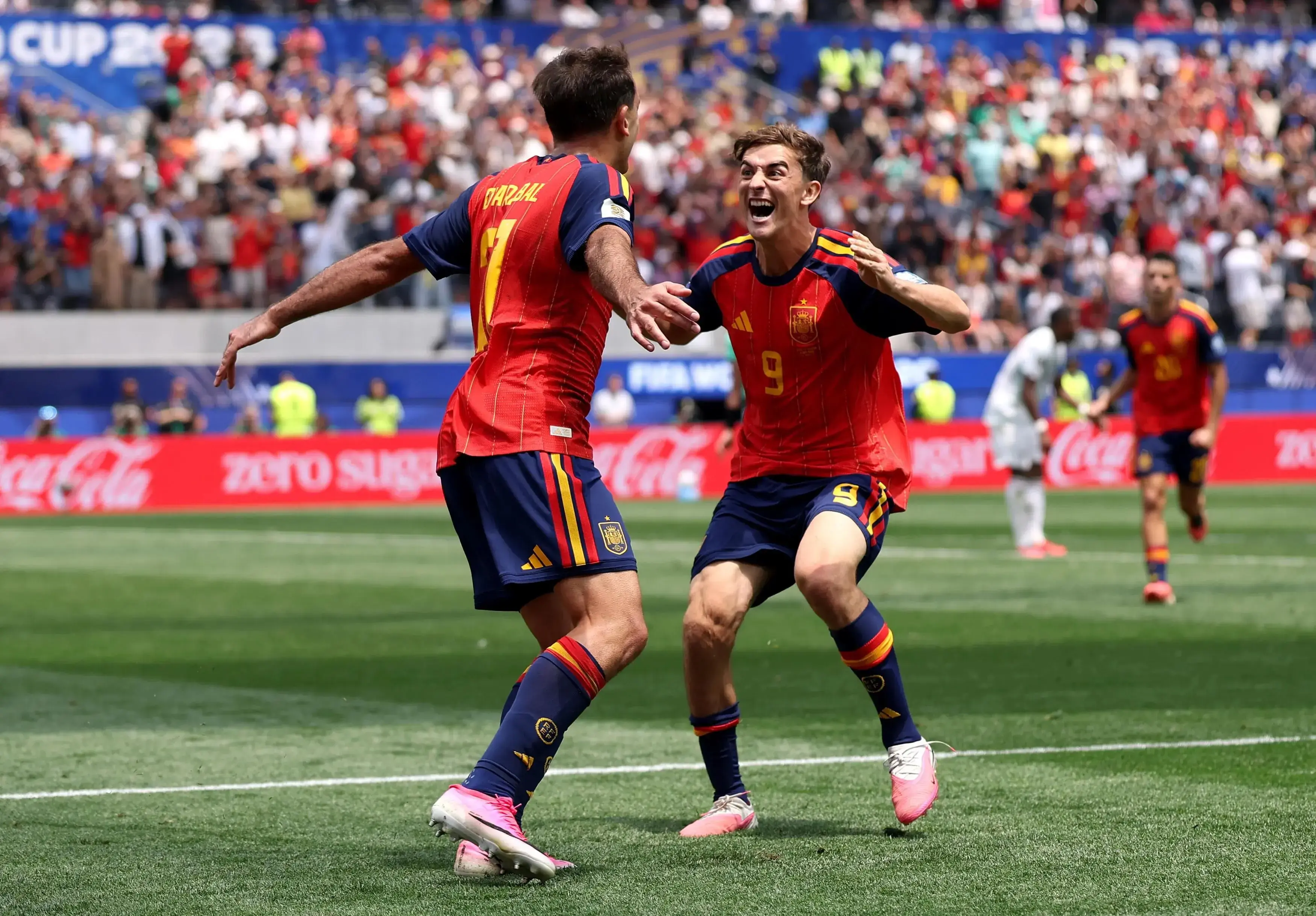 INGLEWOOD, CALIFORNIA - JULY 02: Mikel Oyarzabal #21 of Spain celebrates with Gavi #9 after scoring his team’s third goal during the FIFA World Cup 2026 Round of 32 match between Spain and Austria at Los Angeles Stadium on July 02, 2026 in Inglewood, California. (Photo by Alex Pantling - FIFA/FIFA via Getty Images)