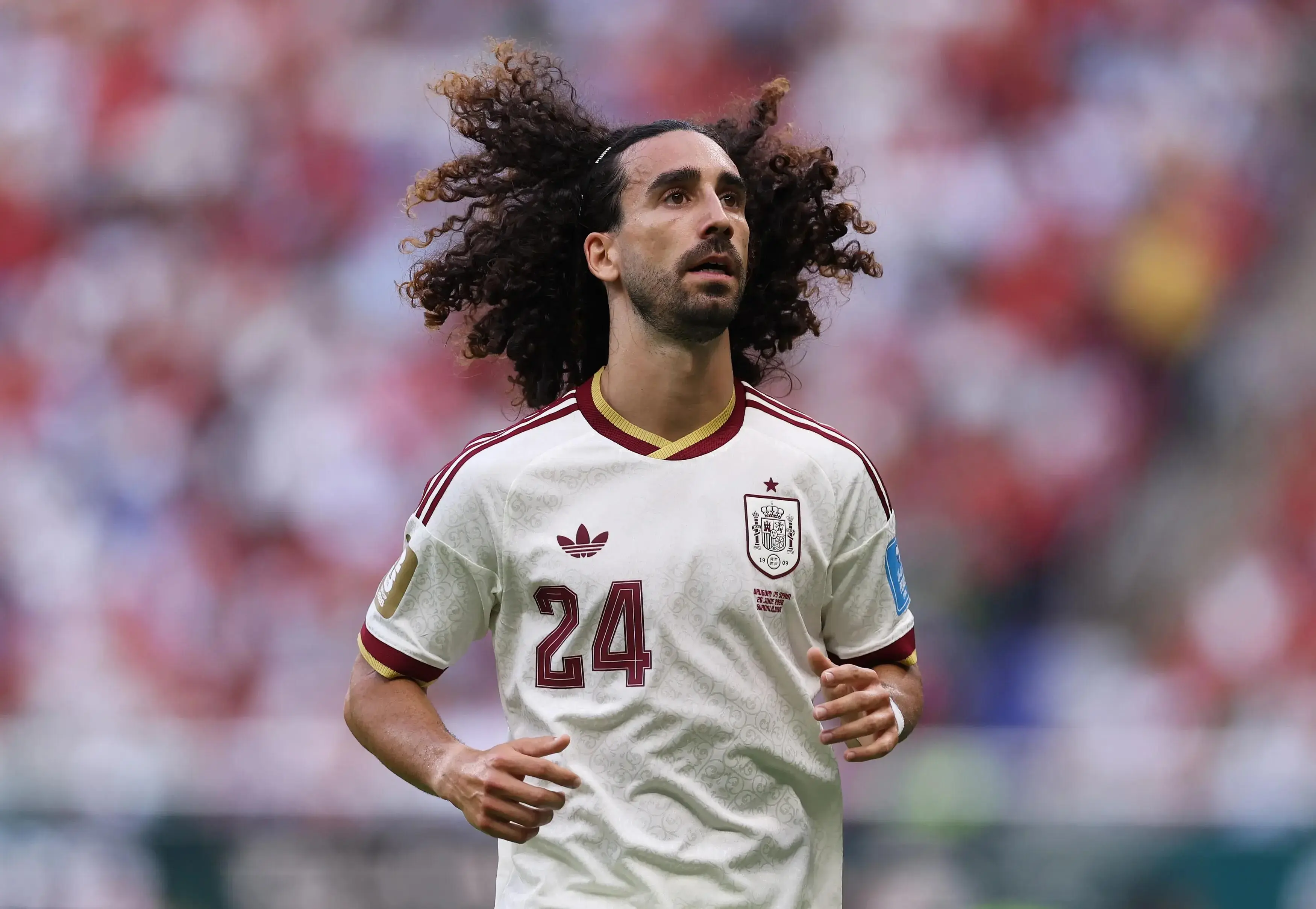 ZAPOPAN, MEXICO - JUNE 26: Marc Cucurella #24 of Spain looks on during the FIFA World Cup 2026 Group H match between Uruguay and Spain at Guadalajara Stadium on June 26, 2026 in Zapopan, Mexico. (Photo by Ryan Pierse - FIFA/FIFA via Getty Images)